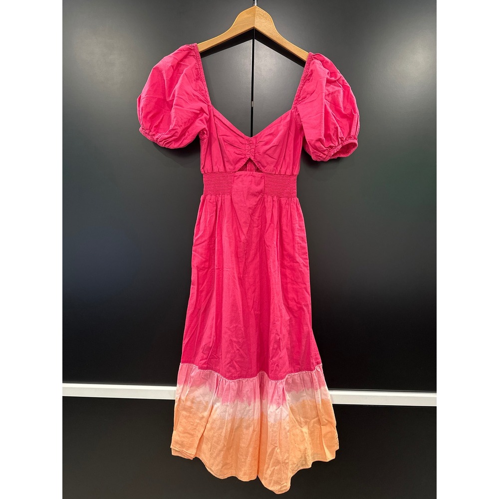 Sachin & Babi Pink Orange Dip Dye Puff Sleeve Cutout‎ Smocked Midi Dress Size 0